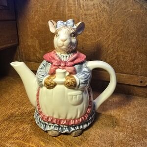 Vintage Ceramic Mrs. Rabbit  in Apron Teapot Unmarked 8" Blue Burgundy Green